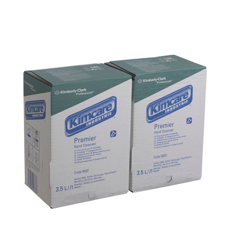 Zwei 3,5-Liter-Kartuschen Scott® Industrial Waschlotion von Kimberly-Clark GmbH sind nebeneinander in grün gekennzeichneten Kartons abgebildet, wobei jeder Karton 2 Beutel mit Produktinformationen auf der Vorderseite enthält.