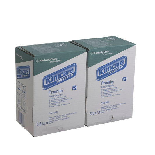 Zwei 3,5-Liter-Kartuschen Scott® Industrial Waschlotion von Kimberly-Clark GmbH sind nebeneinander in grün gekennzeichneten Kartons abgebildet, wobei jeder Karton 2 Beutel mit Produktinformationen auf der Vorderseite enthält.