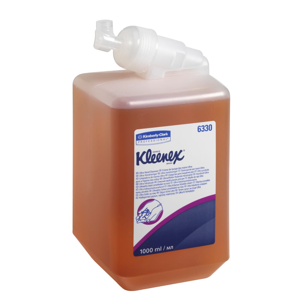Eine 1L Karamell Kleenex® Ultra™ Waschlotion Kassette von Kimberly-Clark GmbH wird mit einem weißen Pumpspender und einem Etikett mit blauem und violettem Text geliefert; erhältlich in 6 Kassetten pro Karton.
