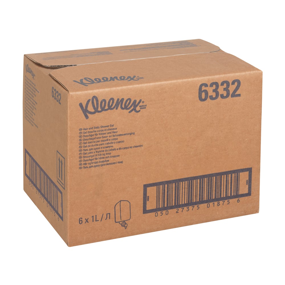 Ein weißer Karton mit der Aufschrift "Kleenex® Haar- und Körpershampoo" (Produkt 6332) der Kimberly-Clark GmbH enthält 6 x 1L-Kassetten zur sanften Pflege und effektiven Reinigung, mit mehreren Barcodes und aufgedruckten Produktdetails.