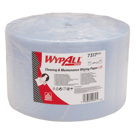 Das blaue WypAll® L20 Papierwischtuch für Instandhaltungsarbeiten, extra breit, kommt als Großrolle mit 1.000 Blatt von Kimberly-Clark GmbH - verpackt in Kunststoff mit Produktinfo - ideal für Wartungs- und Reinigungsarbeiten.