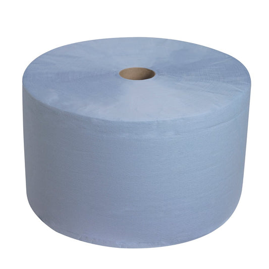 Die WypAll® L30 Großrolle von Kimberly-Clark GmbH in Blau mit 750 Tüchern ist ideal für industrielle Reinigungsaufgaben, da sie besonders saugfähig ist. Präsentiert auf weißem Hintergrund.
