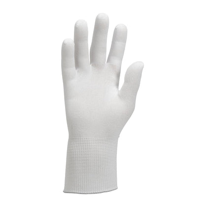 Ein einzelner KleenGuard® G35 Nylon-Handschuh (24 cm, beidhändig tragbar) von Kimberly-Clark GmbH wird aufrecht mit ausgestreckten Fingern auf weißem Hintergrund gezeigt. Der weiße Schutzhandschuh hat glatte Oberfläche und elastischen Bund.