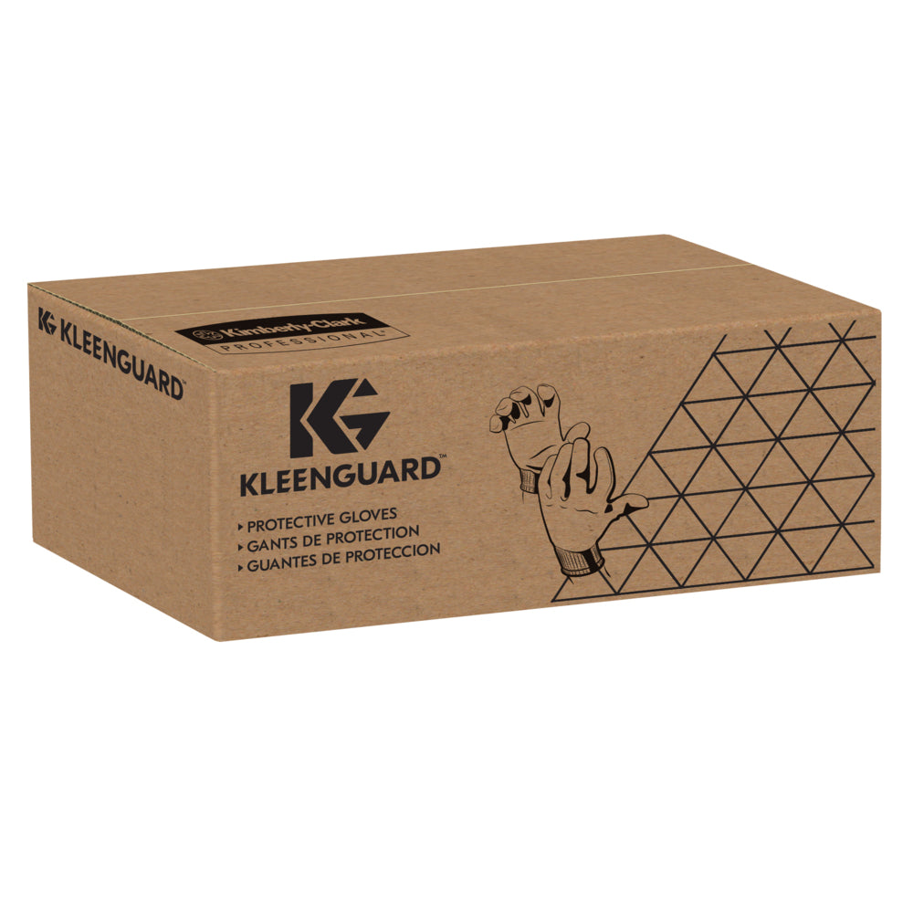 Eine braune Pappschachtel mit der Aufschrift "KleenGuard® G35 Nylon-Handschuhe - 24 cm, beidhändig tragbar" von Kimberly-Clark GmbH, mit einer schwarzen Handschuh-Illustration, mehrsprachigem Text, geometrischem Muster an der Seite und Logo auf der Oberseite. Ideal für den Handschutz.
