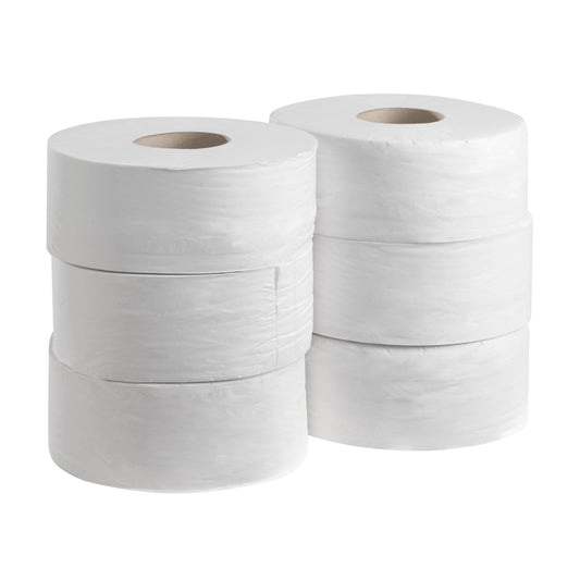 Sechs Kleenex® Großrolle Toilettenpapier (Weiß, 190mm, 500 Blatt) von Kimberly-Clark GmbH sind in zwei Dreierkolonnen gestapelt und heben das Premium-Tissue ideal für Haushalte oder Unternehmen mit hohem Publikumsverkehr hervor.