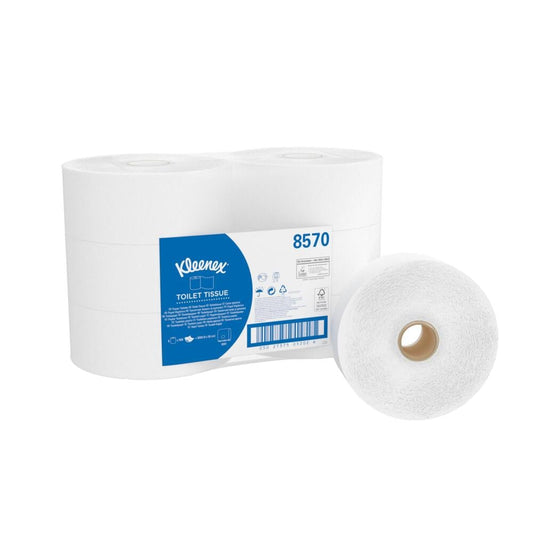 Sechs große Kleenex® Toilettenpapier-Rollen von Kimberly-Clark GmbH (je 500 Blatt, weiß, 190 mm) sind gestapelt, eine steht davor. Die Packung zeigt das blaue Label - ideal für den täglichen Bedarf. Der Karton enthält 6 Rollen.