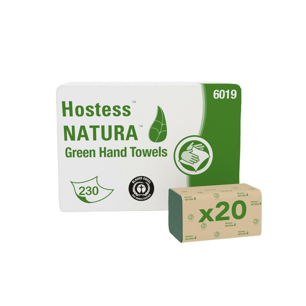 A white-green Hostess™ NATURA™ hand towel box (zig-zag fold, 23 x 25 cm) from Kimberly-Clark GmbH is shown next to a beige "x20" package with eco-friendly symbols and green text.