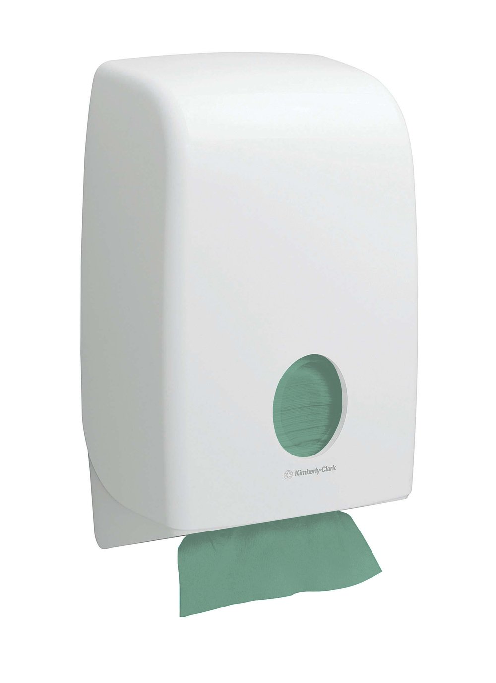 Ein weißer Wandspender mit kreisförmigem Fenster zeigt grüne Kimberly-Clark GmbH Hostess™ NATURA™ Zick-Zack-Faltung Handtücher (23 x 25 cm); ein umweltfreundliches Handtuch wird teilweise am unteren Rand gespendet.