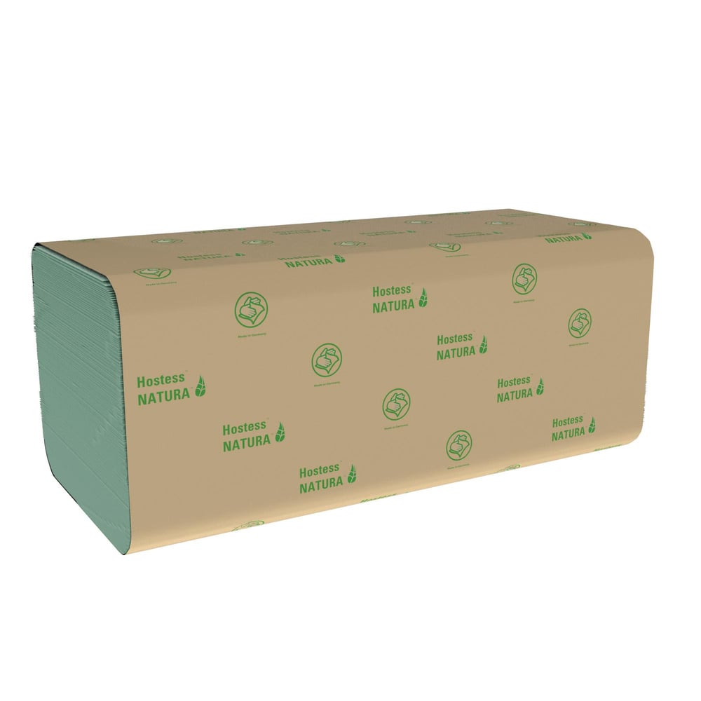 A stack of Hostess™ NATURA™ hand towels - zig-zag fold, small (23 x 25 cm) from Kimberly-Clark GmbH is delivered in packaging labeled "Hostess Natura" with green symbols. These eco-friendly towels offer simple, efficient use.