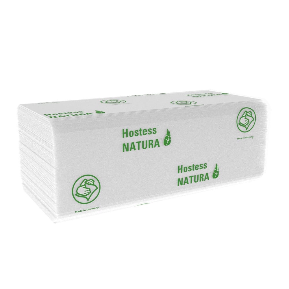 A stack of folded white Hostess™ NATURA™ C-fold towels from Kimberly-Clark GmbH with green leaf graphic, thumbs-up symbol, "Made in Germany" text and eco-friendly branding. 20 x 140 sheets per carton.
