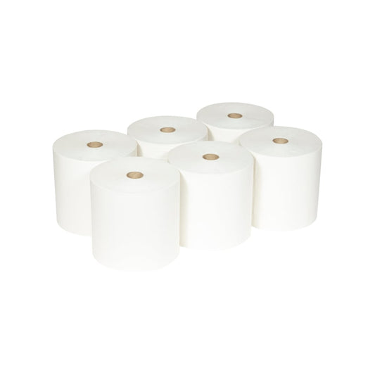 Six Scott® ESSENTIAL™ Handtuchrollen von Kimberly-Clark GmbH (weiß, 6 Rollen/Karton) sind in zwei Reihen zu je drei auf weißem Hintergrund angeordnet; jede Rolle zeigt einen sichtbaren Pappkern.