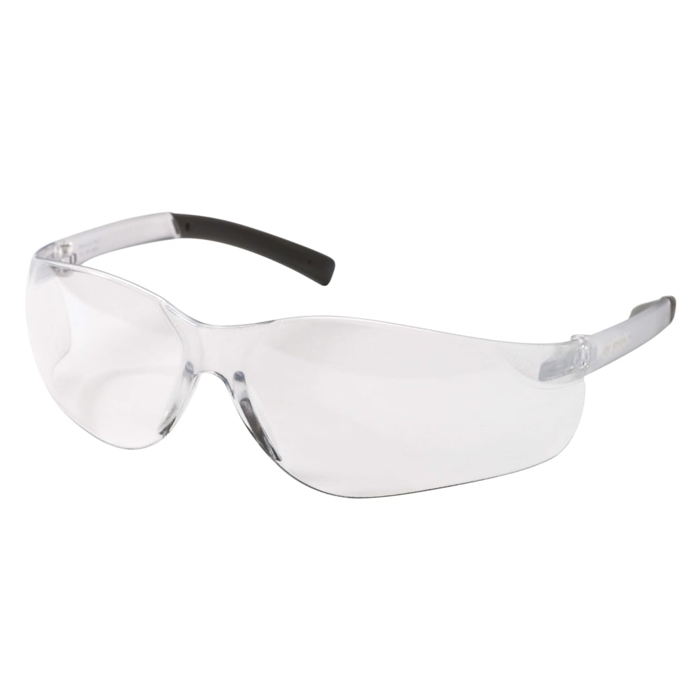 Die KleenGuard® V20 Purity™ Schutzbrille von Kimberly-Clark GmbH verfügt über klare, umlaufende Gläser mit Beschlagfrei-Beschichtung und schwarz beschichteten Bügeln. Diese leichte, transparente Schutzbrille wird in einer Packung mit 12 Gläsern geliefert. Abgebildet auf weißem Hintergrund.