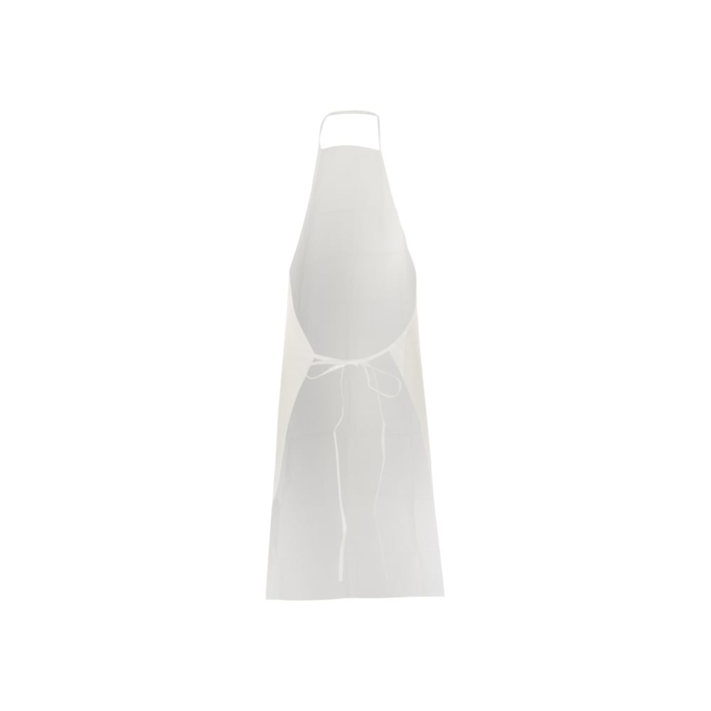 Eine KleenGuard® A40 Leichte Kurzschürze der Kimberly-Clark GmbH ist in Weiß auf weißem Hintergrund abgebildet und verfügt über eine Halsschleife und ein Taillenband in einem einfachen Design ohne Taschen oder Verzierungen. Der Karton enthält 100 Schürzen.