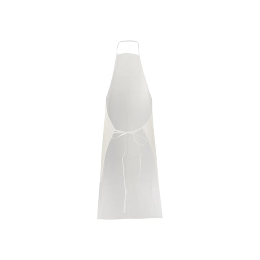 Eine KleenGuard® A40 Leichte Kurzschürze der Kimberly-Clark GmbH ist in Weiß auf weißem Hintergrund abgebildet und verfügt über eine Halsschleife und ein Taillenband in einem einfachen Design ohne Taschen oder Verzierungen. Der Karton enthält 100 Schürzen.