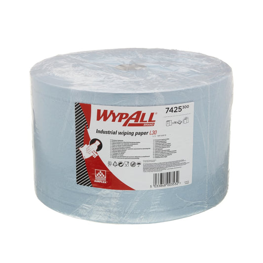 Das Kimberly-Clark GmbH WypAll® L30 Papierwischtuch Großrolle in Blau (1 Rolle x 750 Blatt) ist ideal für industrielle Reinigungsaufgaben dank hoher Saugfähigkeit und wird in transparenter Folie mit Etikett geliefert.
