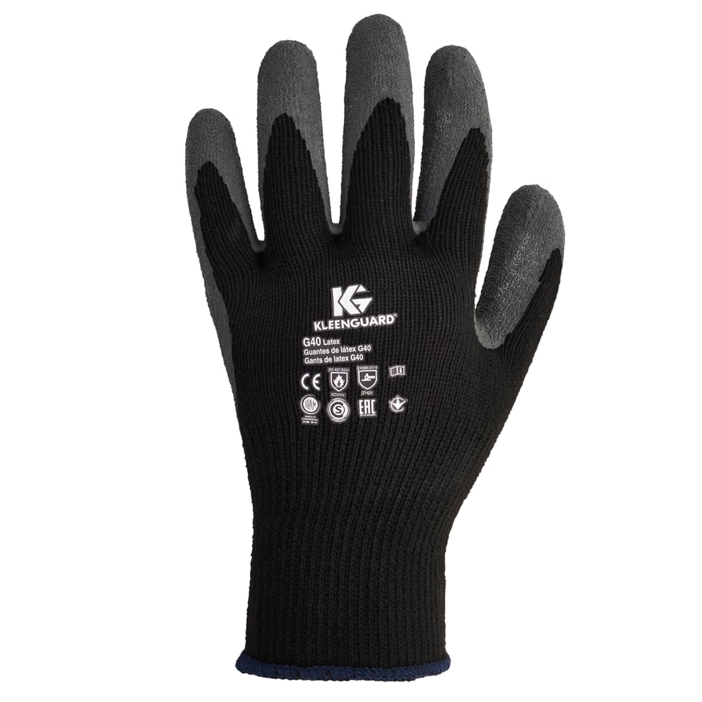 Die Kimberly-Clark GmbH KleenGuard® G40 Latexbeschichtete Handschuhe (handspezifisch, grau & schwarz) bieten zuverlässigen Schutz am Arbeitsplatz mit Sicherheitssymbolen auf der Rückseite und grauen Fingerspitzen und Daumen.