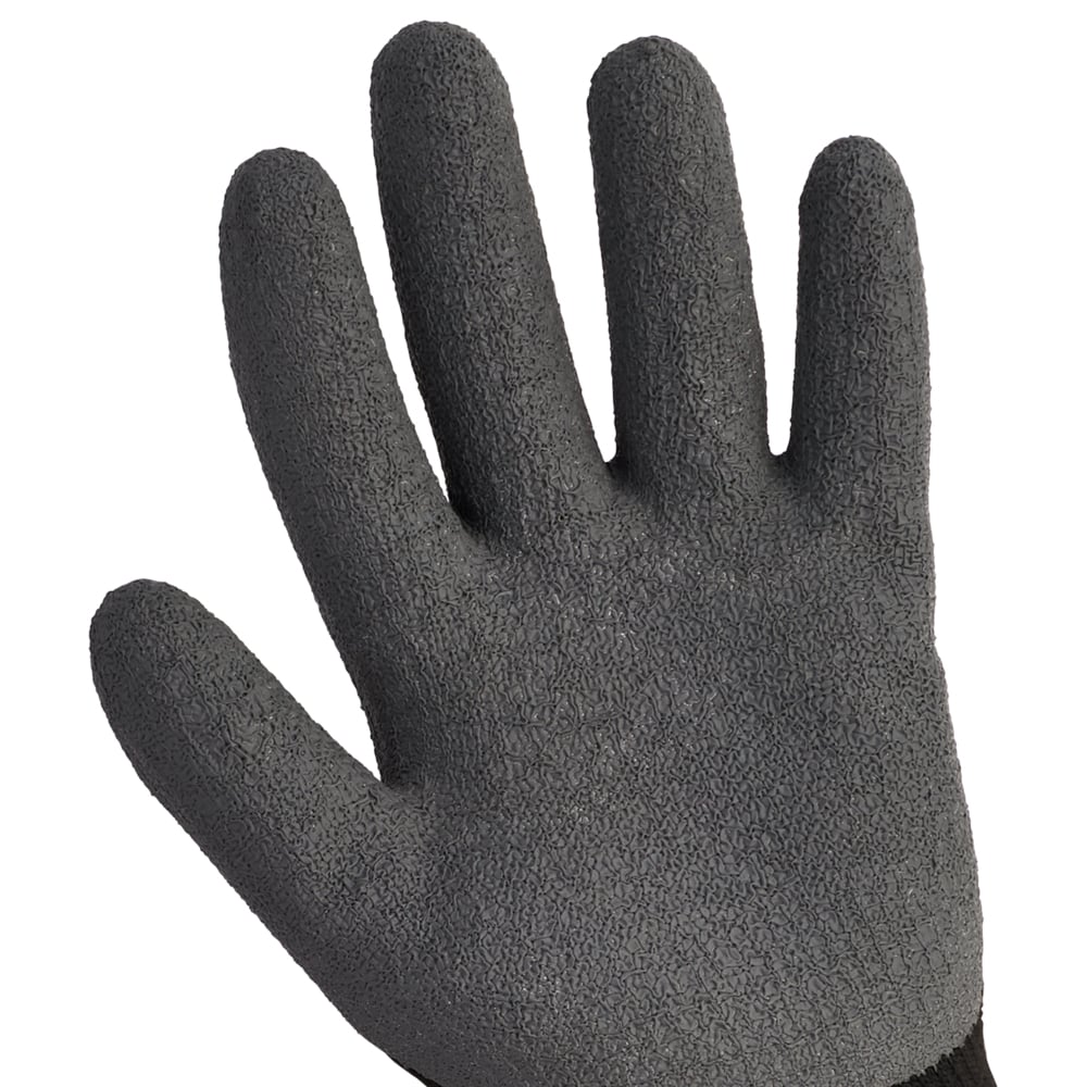 Eine Nahaufnahme der Kimberly-Clark GmbH KleenGuard® G40 latexbeschichtete, handspezifische Handschuhe in Grau & Schwarz zeigt die strukturierte Innenfläche auf weißem Hintergrund.