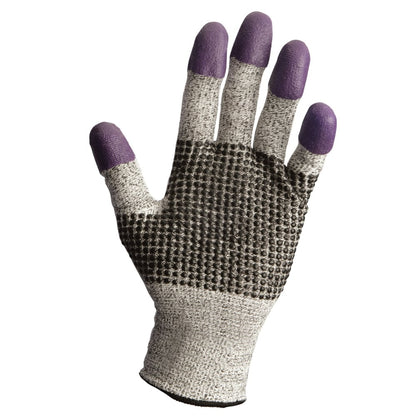 A KleenGuard® G60 Endurapro™ Level 3 schnittfeste Handschuhe von Kimberly-Clark GmbH, beidhändig tragbar, mit grauer Basis und lila Fingerspitzen, schwarze Grifffläche-Handfläche nach vorne zeigend.