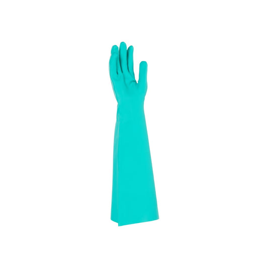 Ein einzelner KleenGuard® G80 Nitril-Chemikalienschutzhandschuh von Kimberly-Clark GmbH (teal, 45 cm, lange Stulpe) ist auf weißem Hintergrund zu sehen und bietet chemischen und Reinigungsschutz bis über das Handgelenk.