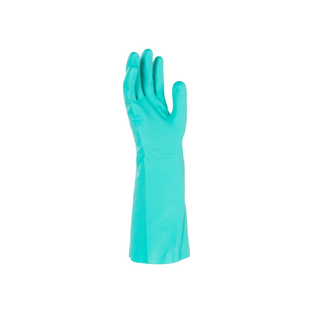 Ein einzelner tealfarbener KleenGuard® G80 Chemikalienschutzhandschuh der Kimberly-Clark GmbH ist aufrecht mit leicht angewinkelten Fingern und nach vorne gerichteter Handfläche abgebildet, die seine Chemikalienschutzmerkmale auf weißem Hintergrund zeigt.