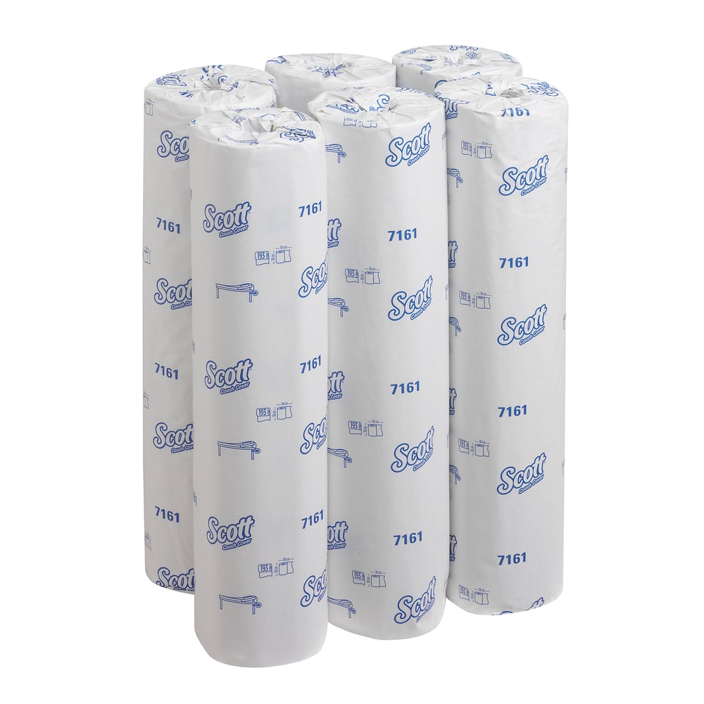 Sechs aufrechte Scott® ESSENTIAL™ Ärzterollen - Weiß von Kimberly-Clark GmbH in weißer Packung mit blauem Branding und der Produktnummer 7161, einzeln verpackt - die ideale Hygienelösung für medizinische Bereiche.