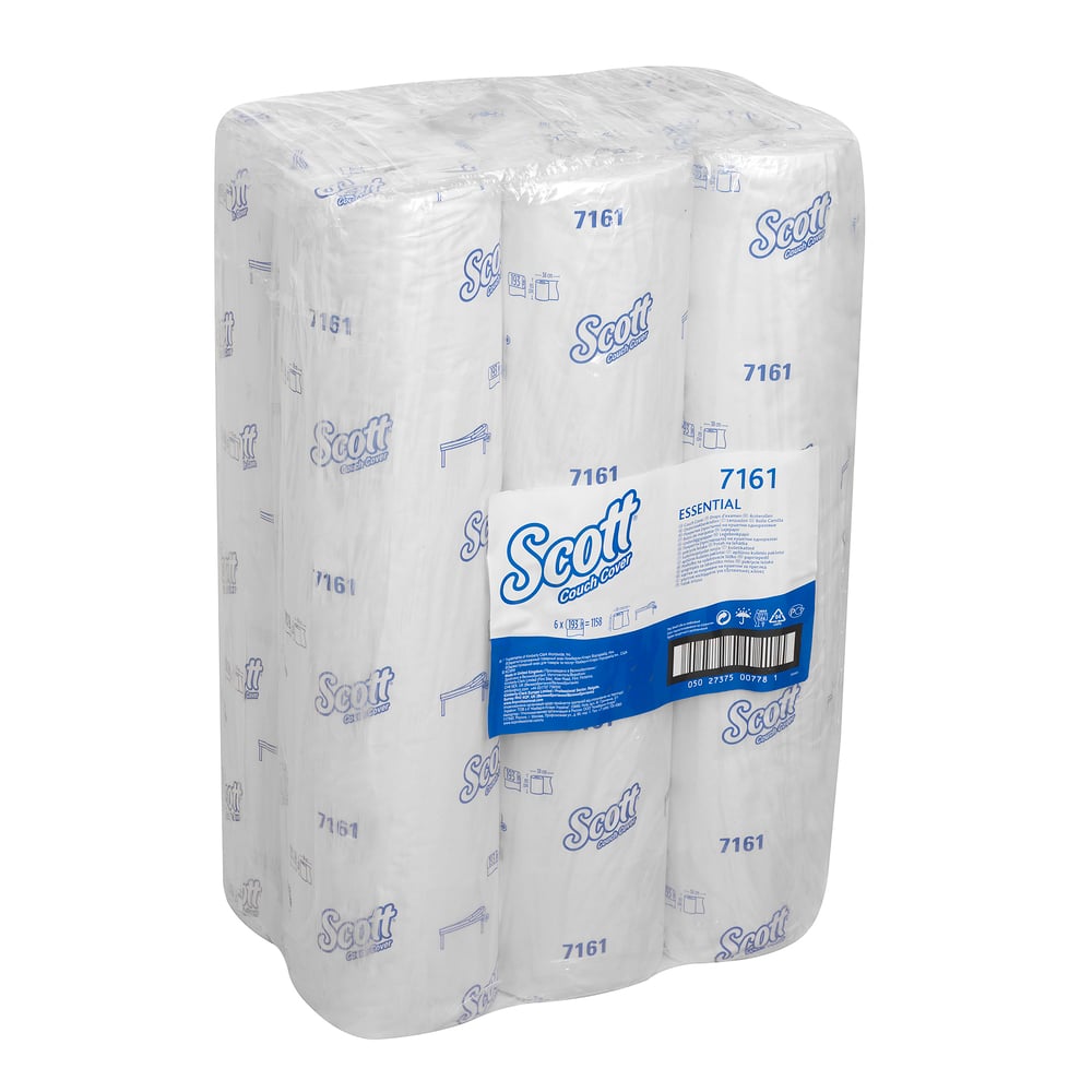 Eine Großpackung Scott® ESSENTIAL™ Ärzterollen - Weiß der Kimberly-Clark GmbH, die für den hygienischen Einsatz in medizinischen Bereichen entwickelt wurde; die Marke und die Produktangaben sind in Blau aufgedruckt, und die Rollen sind vertikal in einer durchsichtigen Verpackung gestapelt.