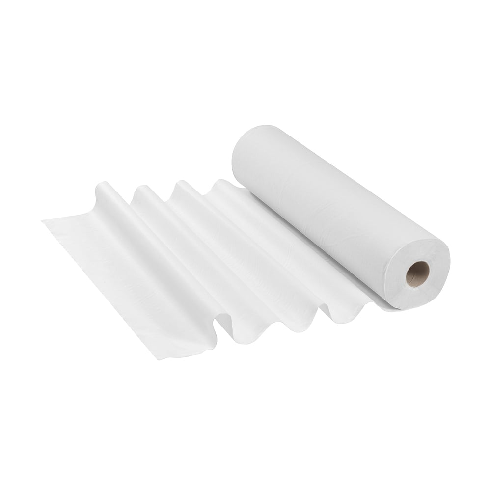 Eine weiße Rolle Scott® ESSENTIAL™ Ärzterollen der Kimberly-Clark GmbH, am Ende leicht abgerollt, liegt auf einer ebenen Fläche. Diese hochwertigen Rollen, die in medizinischen Einrichtungen üblich sind, werden vor einem schlichten weißen Hintergrund gezeigt.