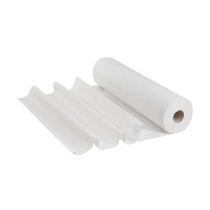 Pictured is a partially unrolled Scott® EXTRA medical roll - White from Kimberly-Clark GmbH with several sheets lying flat on a white background.