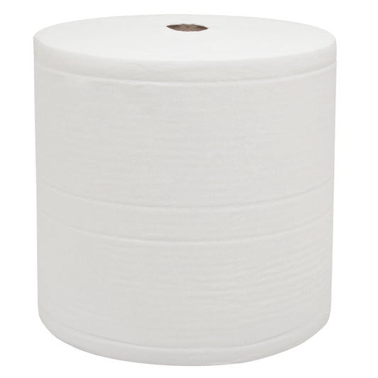 Die WypAll® L30 Papierwischtuch Großrolle von Kimberly-Clark GmbH: extra breit & lang, 1 weiße Rolle mit 1000 Tüchern und sichtbarem Kartonkern - ideal für industrielle Reinigungsaufgaben vor neutralem Hintergrund.