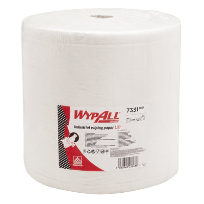 A large white WypAll® L30 jumbo roll paper towel from Kimberly-Clark GmbH with a red and white label, product details, and an illustration for industrial cleaning. 1 roll, extra wide & long, 1000 sheets.