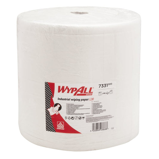 Eine große weiße WypAll® L30 Großrolle Papierwischtuch von Kimberly-Clark GmbH mit rot-weißem Etikett, Produktdetails und einer Illustration zur industriellen Reinigung. 1 Rolle, extra breit & lang, 1000 Tücher.
