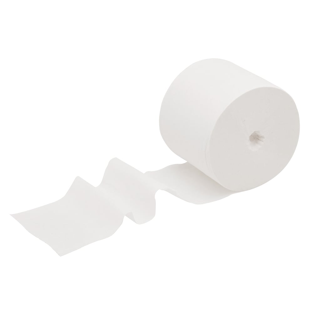 Eine teilweise abgerollte Scott® Essential™ Toilettenpapierrolle - Coreless / Weiß von Kimberly-Clark GmbH, bei der mehrere Blätter ausgezogen sind, wird vor einem einfarbig weißen Hintergrund dargestellt.