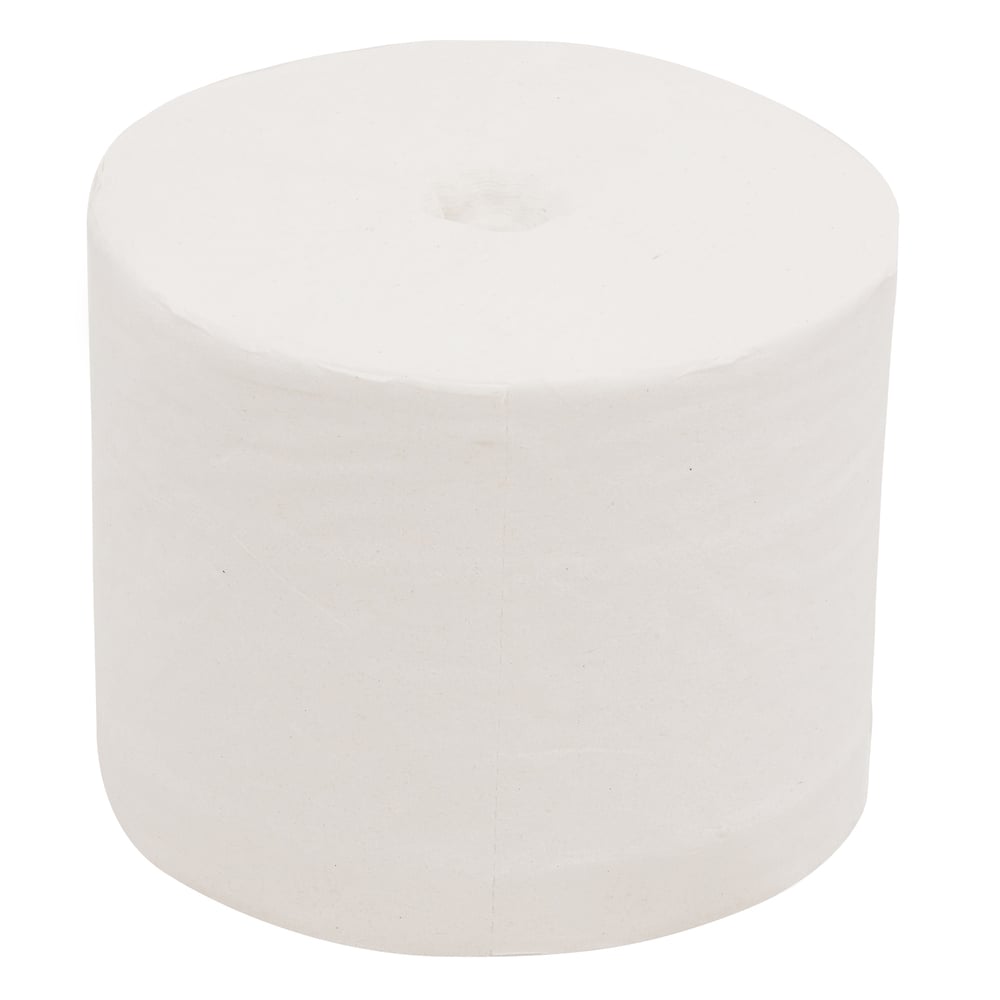 Eine schlichte, weiße Scott® Essential™ kernlose Toilettenpapierrolle von Kimberly-Clark GmbH, fotografiert auf weißem Hintergrund; 36 kleine Rollen x 1000 Blatt pro Karton.