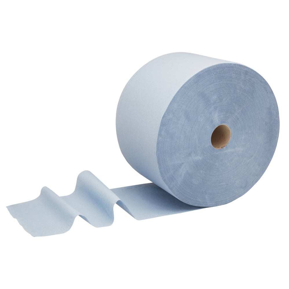 The WypAll® L20 paper wipe for maintenance work from Kimberly-Clark GmbH is shown in a large, extra-wide blue large roll with unrolled sheets and a hollow cardboard core - ideal for maintenance work. 1 roll x 1000 sheets.