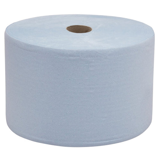 Ein WypAll® L20 Papierwischtuch für Instandhaltungsarbeiten Großrolle von Kimberly-Clark GmbH in Blau (extra breit, 1 Rolle x 1000 Tücher) wird neu und unbenutzt mit sichtbarem Pappkern auf weißem Hintergrund gezeigt.