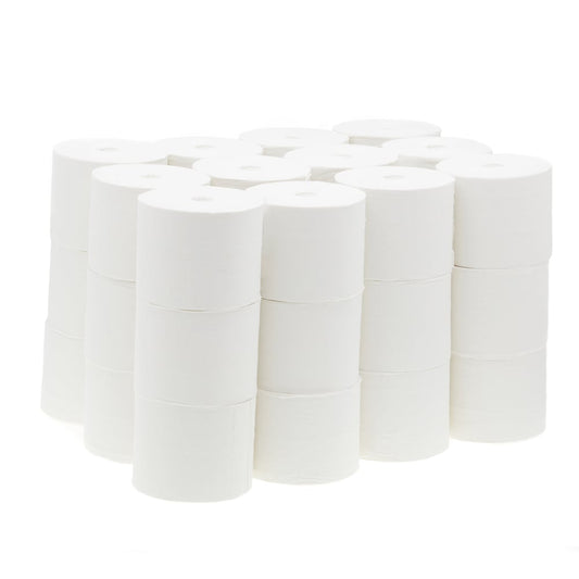 Eine sauber gestapelte Gruppe von 36 weißen, kernlosen Scott® Essential™-Toilettenpapierrollen mit je 1000 Blatt von Kimberly-Clark GmbH, aufrecht angeordnet auf einem schlichten weißen Hintergrund.