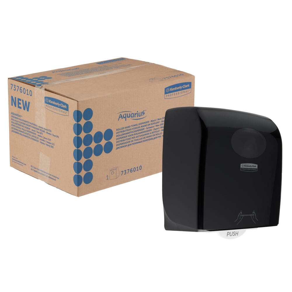 Next to a black Aquarius™ roll towel dispenser by Kimberly-Clark GmbH (38.20 x 30.90 x 24.00 cm) stands a hygienically labeled box (1 dispenser) for professional use.