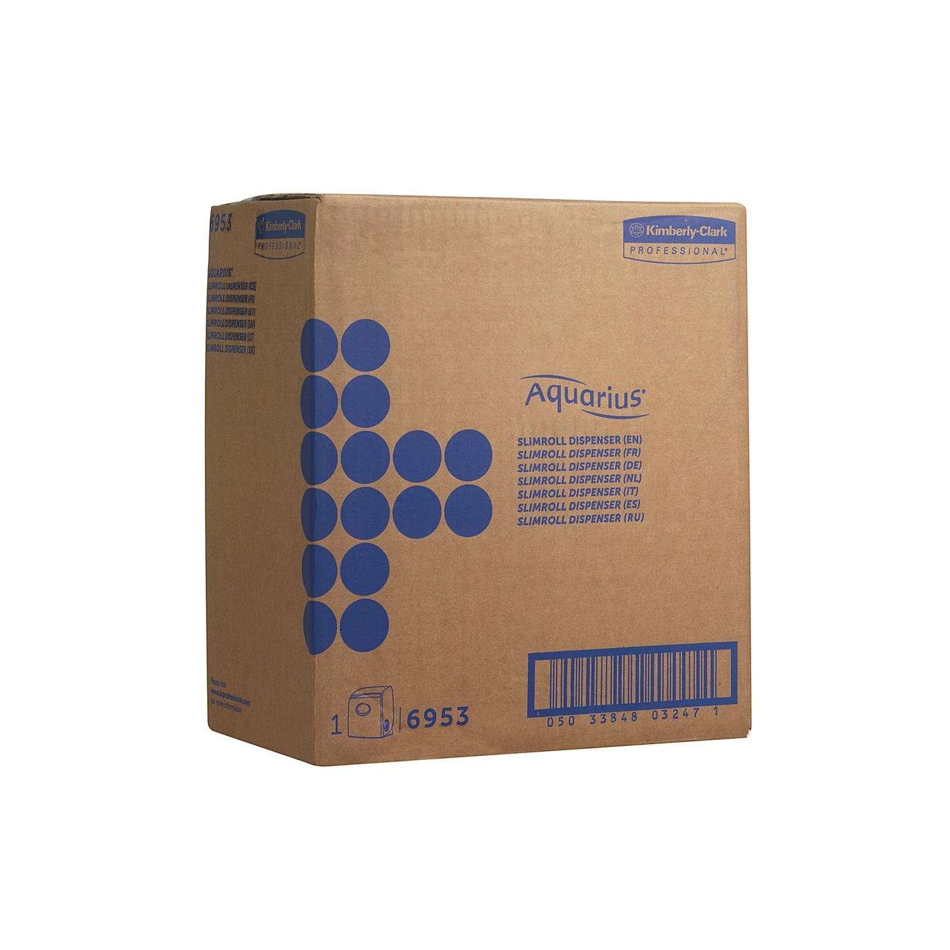 A white box labeled "Aquarius™ Slimroll™ roll towel dispenser" from Kimberly-Clark GmbH features a blue dot pattern, dispenser details in blue, a barcode, and the Kimberly-Clark Professional logo in the upper right corner.