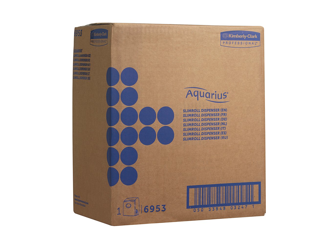 Ein weißer Karton mit der Aufschrift "Aquarius™ Slimroll™ Rollenhandtuchspender" der Kimberly-Clark GmbH zeigt ein blaues Punktmuster, Spenderangaben in Blau, einen Strichcode und das Kimberly-Clark Professional-Logo in der oberen rechten Ecke.