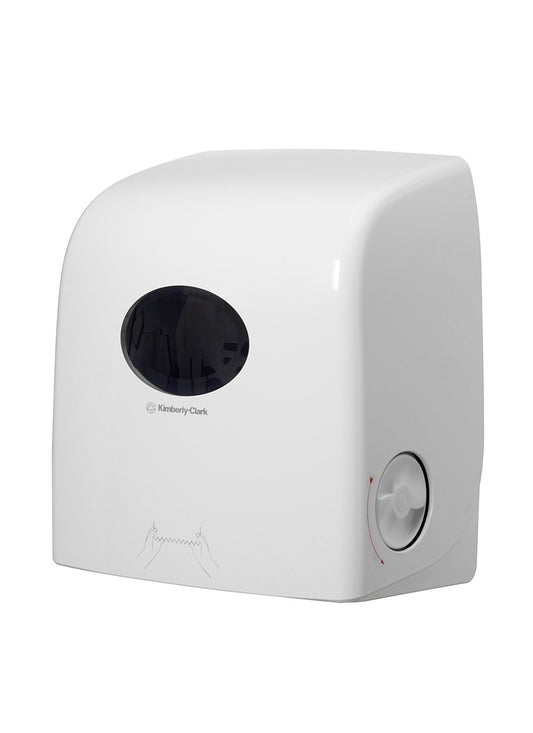 Der Aquarius™ Slimroll™ Rollenhandtuchspender der Kimberly-Clark GmbH ist ein weißer Wandspender mit einem schwarzen ovalen Fenster für die Sichtbarkeit des Papierstandes, einem seitlichen Drehknopf für die manuelle Bedienung und einer klaren Gebrauchsanweisung, die einen hygienischen Betrieb gewährleistet.
