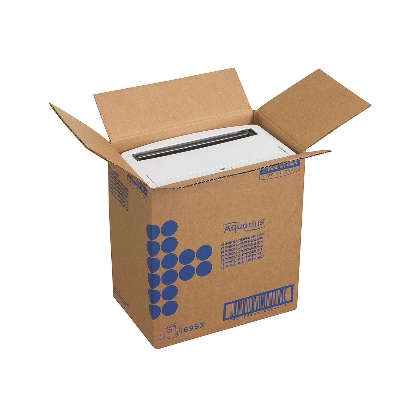 A box labeled "Aquarius™ Slimroll™ roll towel dispenser - White" from Kimberly-Clark GmbH contains a white dispenser, partially visible with the lid open and securely packaged.