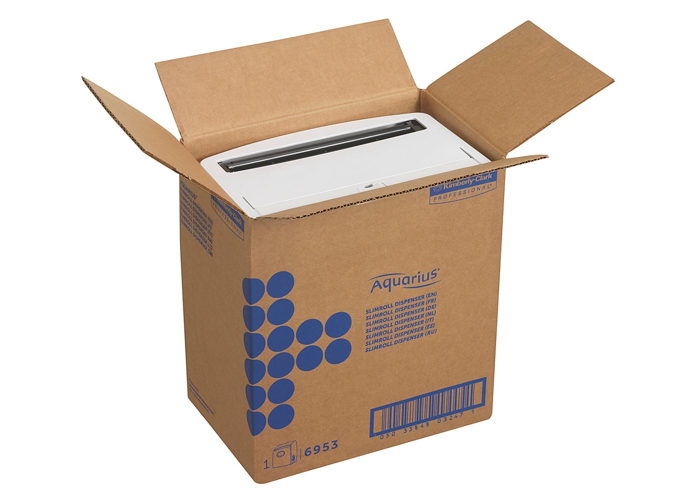 Ein Karton mit der Aufschrift "Aquarius™ Slimroll™ Rollenhandtuchspender - Weiß" von Kimberly-Clark GmbH enthält einen weißen Spender, der bei geöffnetem Deckel teilweise sichtbar ist und sicher verpackt ist.