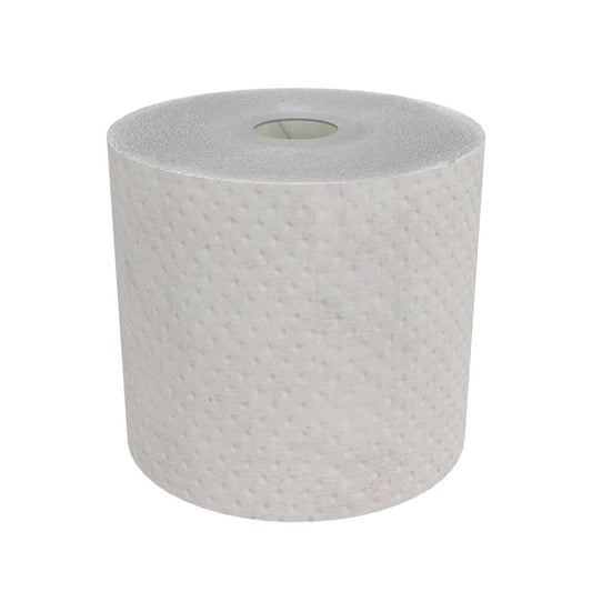 Eine Hostess™ NATURA Handtücher Rolle in Grau von Kimberly-Clark GmbH steht aufrecht vor weißem Hintergrund - ideal für nachhaltige Arbeitsplatzhygiene (6 Rollen/Karton, 1 Blatt pro Rolle).