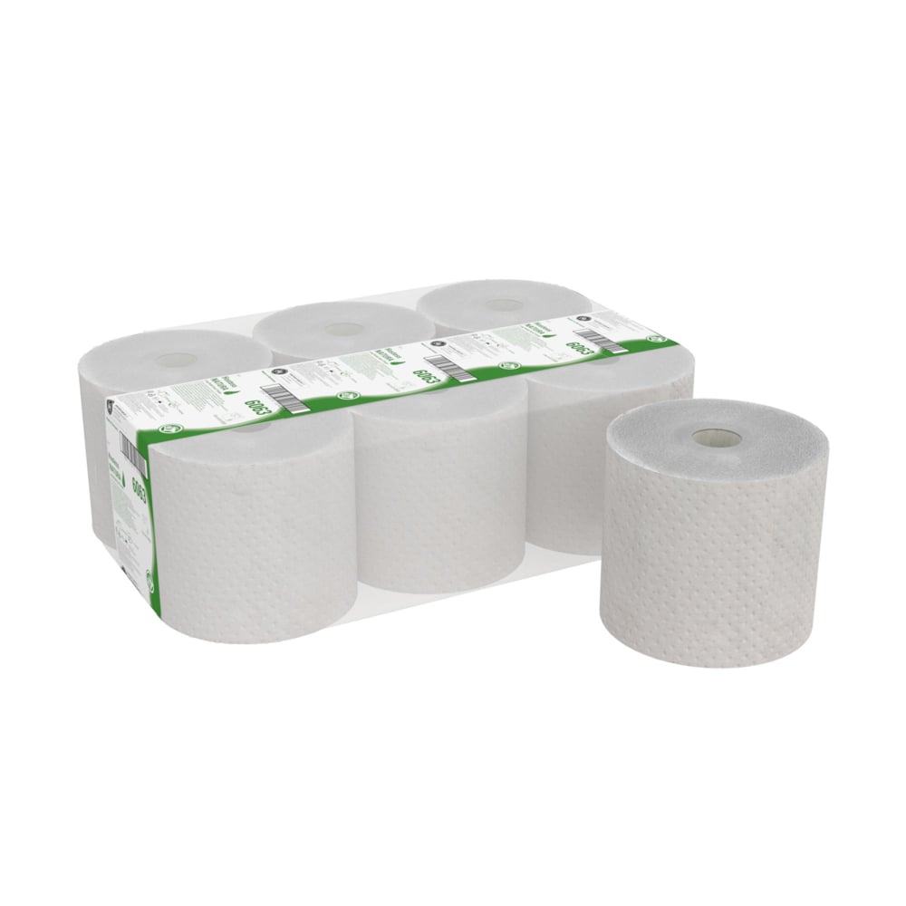 Sechs Hostess™ NATURA Handtücher Rollen (grau) von Kimberly-Clark GmbH sind in einem transparenten, grün-weißen Karton verpackt. Eine Rolle ist vorne ausgestellt und zeigt ihre Textur - ideale, umweltfreundliche Handtücher für jeden Raum.