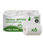 A carton containing six Hostess™ NATURA roll towels from Kimberly-Clark GmbH, each 140 m long roll in natural color, features an eco-friendly white and green packaging with product name, leaf logo, and a six-roll symbol - ideal for sustainable needs.