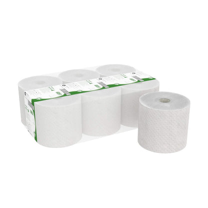 Pictured is a pack of six Hostess™ NATURA roll towels from Kimberly-Clark GmbH - five natural rolls wrapped in plastic with green and white lettering and one unwrapped roll standing upright next to the pack.