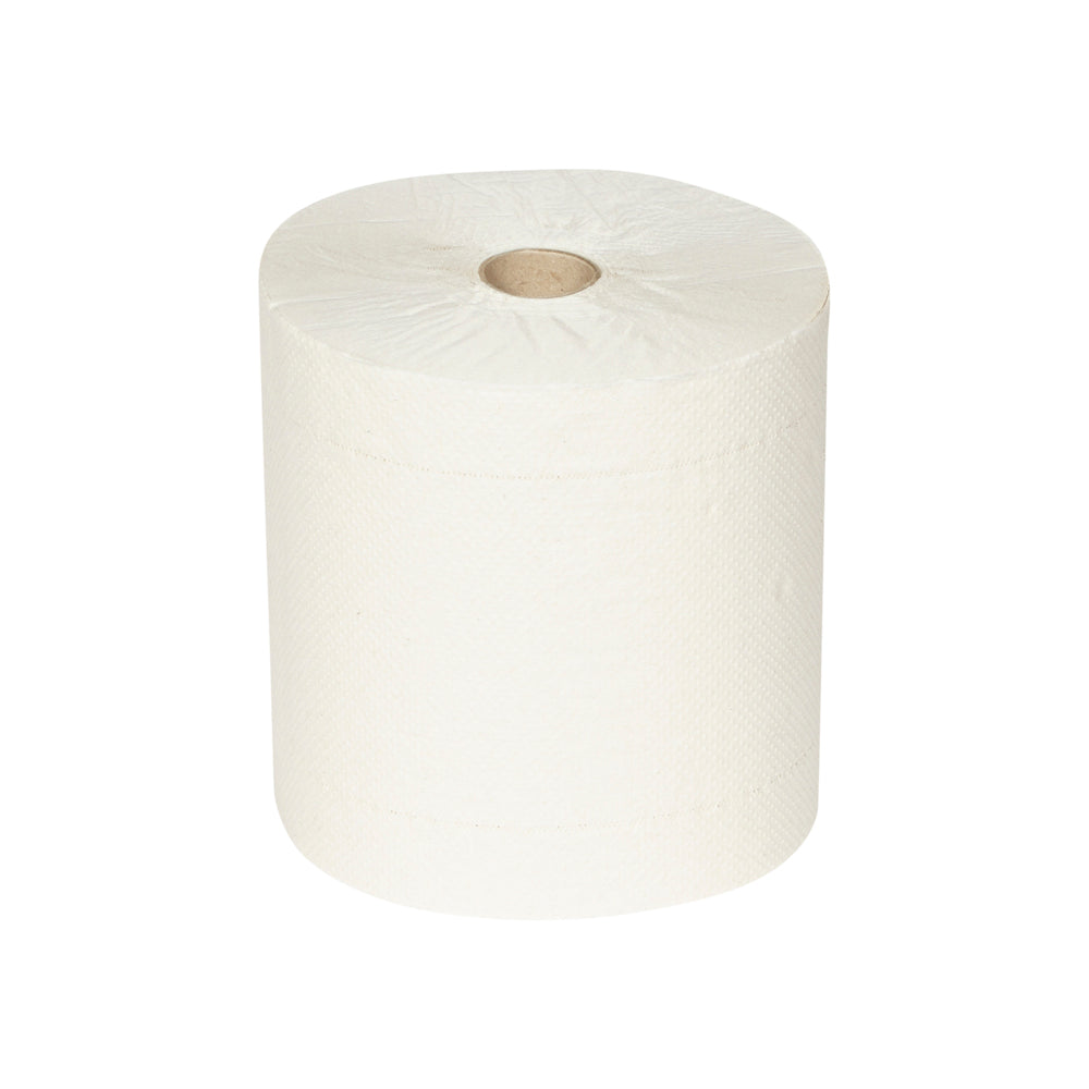 Eine einzelne Rolle Hostess™ NATURA Rollenhandtücher von Kimberly-Clark GmbH, fotografiert vor einem schlichten weißen Hintergrund, unterstreicht die Schlichtheit und Attraktivität nachhaltiger Naturmaterialien.