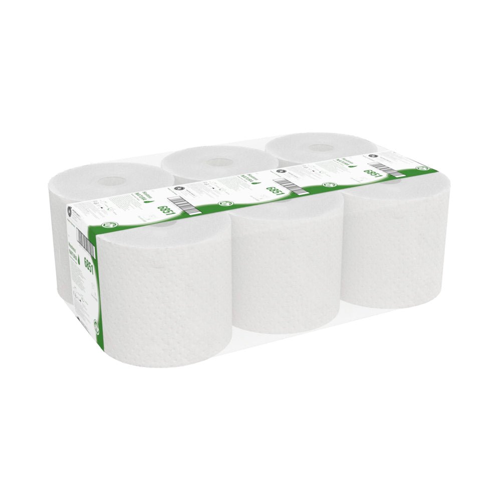 A carton with 6 rolls of Hostess™ NATURA roll towels from Kimberly-Clark GmbH, each wrapped in natural paper with a green-white label - perfect for anyone looking for sustainable towels made from high-quality materials.