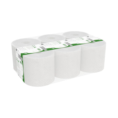 A carton with 6 rolls of Hostess™ NATURA roll towels from Kimberly-Clark GmbH, each wrapped in natural paper with a green-white label - perfect for anyone looking for sustainable towels made from high-quality materials.