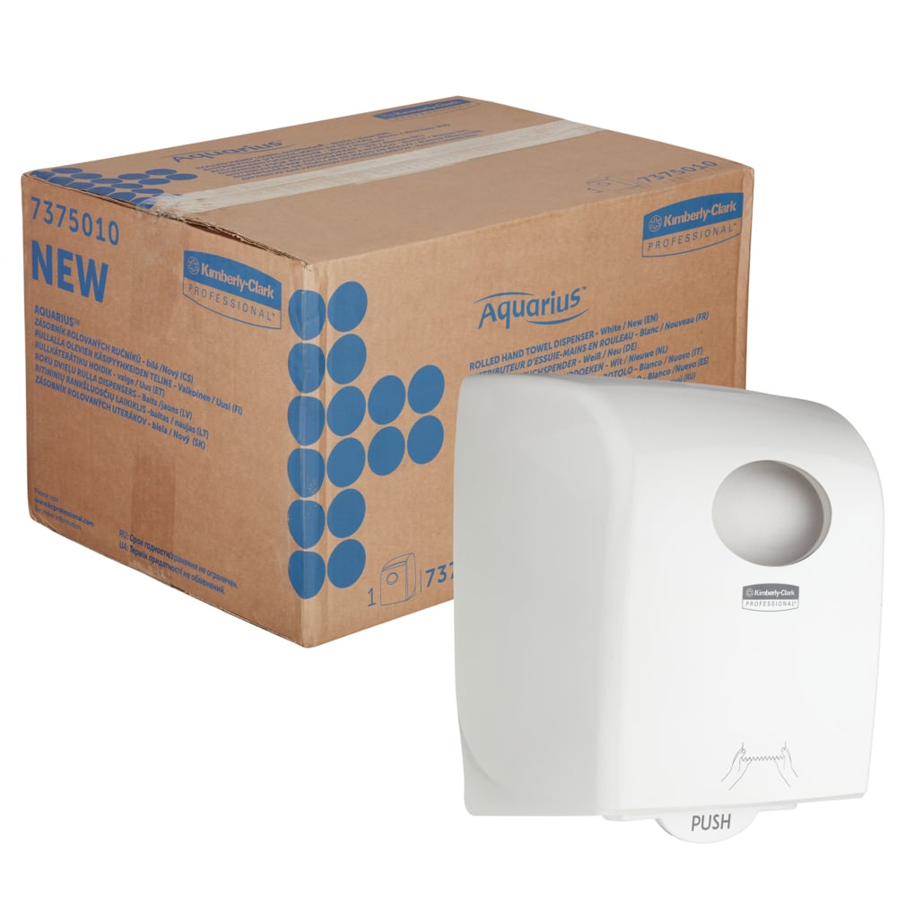 Ein weißer Aquarius™ Rollenhandtuchspender von Kimberly-Clark GmbH steht mit Push-Hebel zur Wandmontage - perfekt für öffentliche Bereiche.